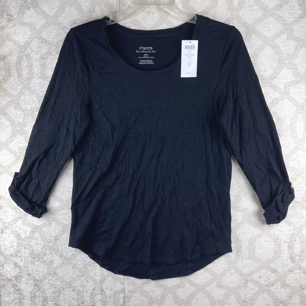 Chicos The Ultimate Tee Womens Size 0 Small Black NWT Roll Tab 3/4 Sleeve